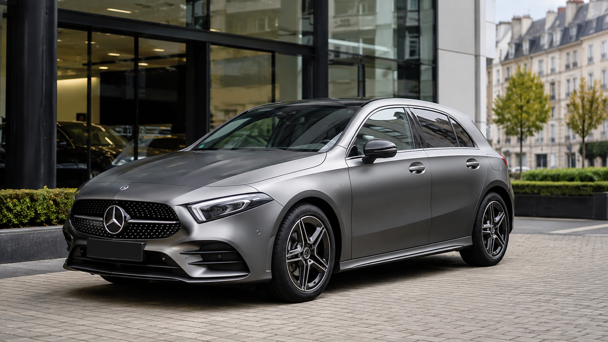 Mercedes Classe A d’occasion en Europe devant une concession avant importation en France